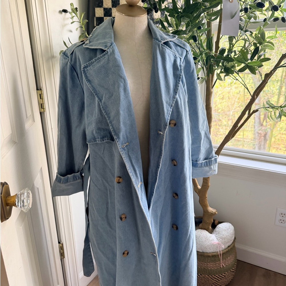 Vintage Light Blue Denim Trench Coat - Women's